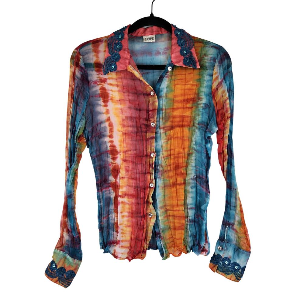 VTG Love Amour Tie Dye Sheer Button Down Blouse Art to Wear Women's Large